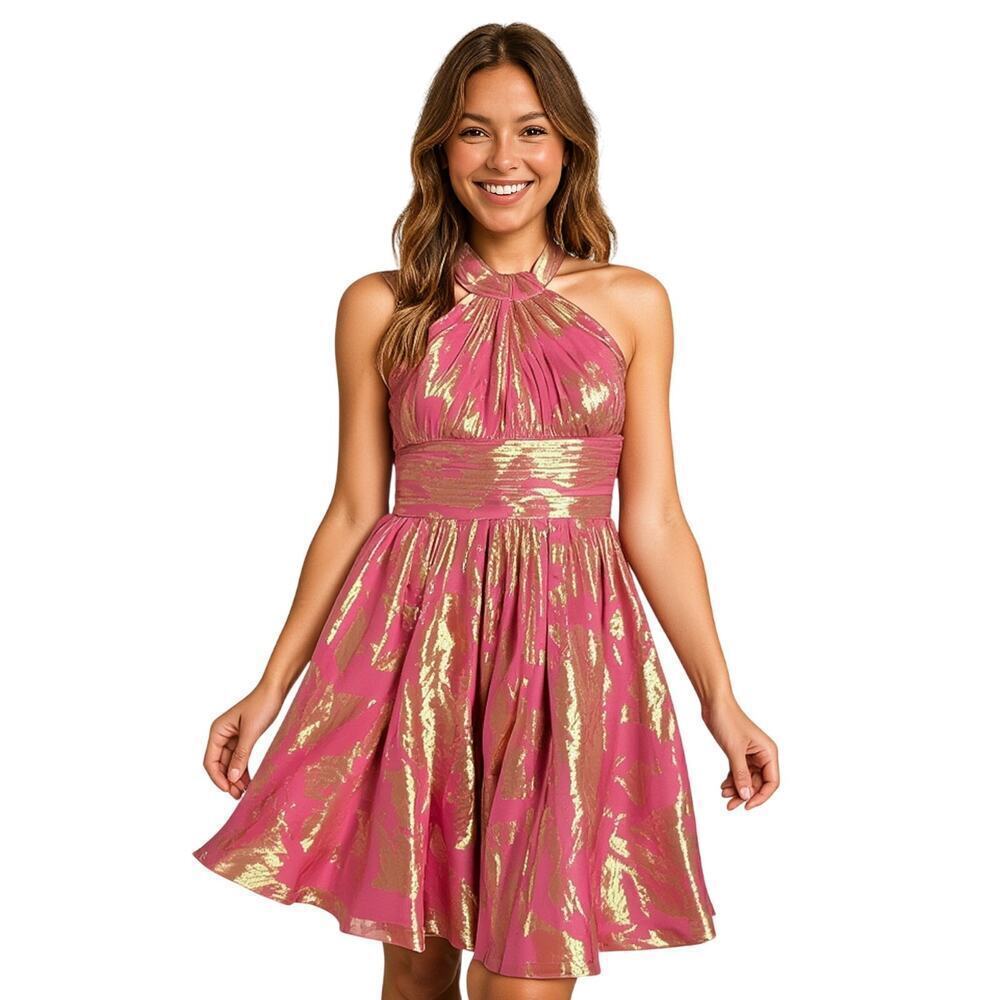 Aidan Mattox Silk Metallic Halter Cocktail Dress Pink Gold Size 6